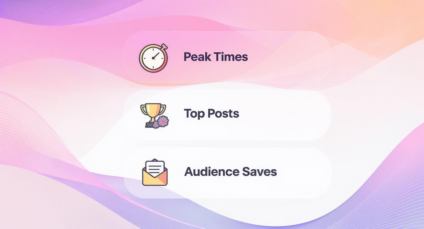 A social media analytics dashboard displaying cards for 'Peak Times', 'Top Posts', and 'Audience Saves'.