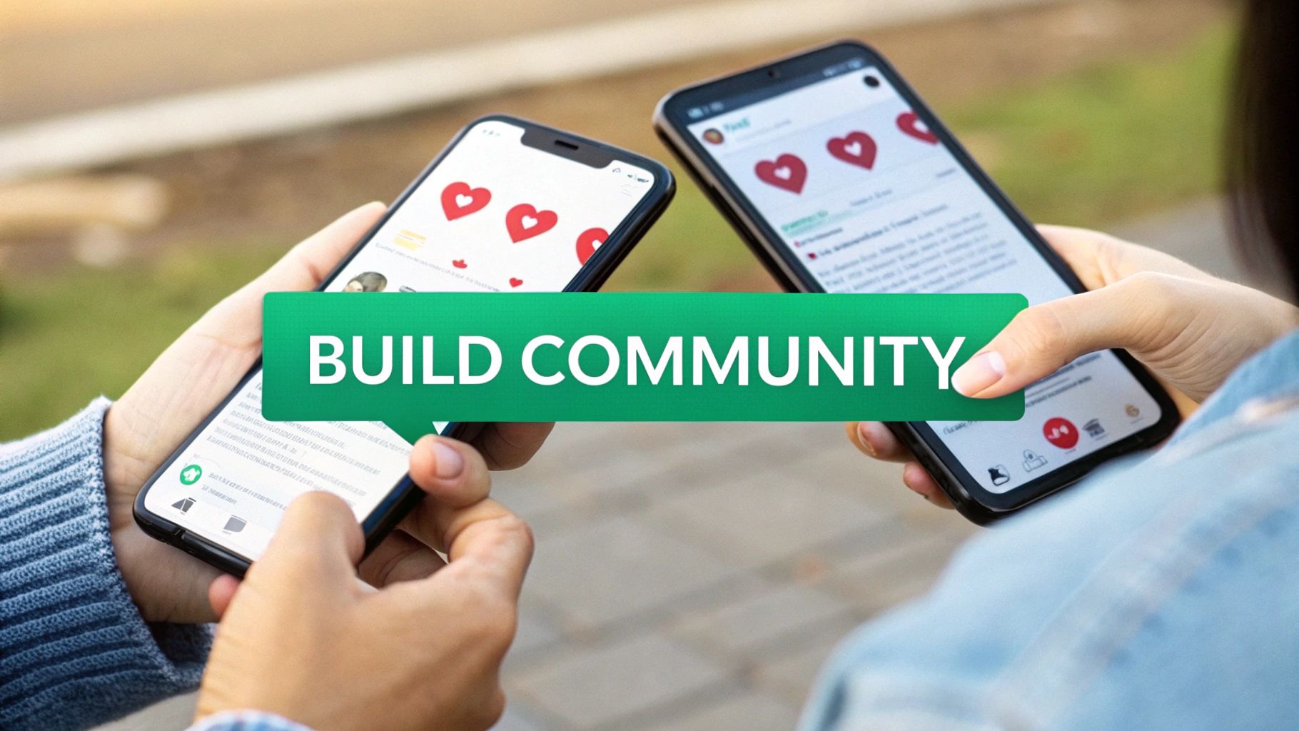 Two people holding smartphones displaying social media with heart icons to build community engagement