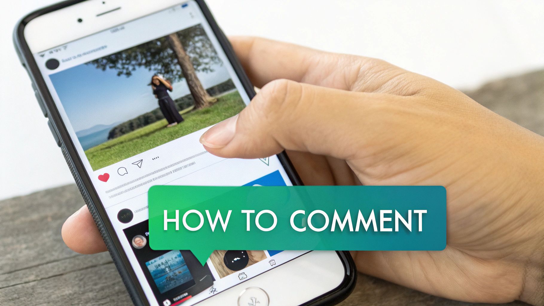 A hand holds a smartphone displaying an Instagram post and a 'HOW TO COMMENT' text bubble, showing social media interaction.