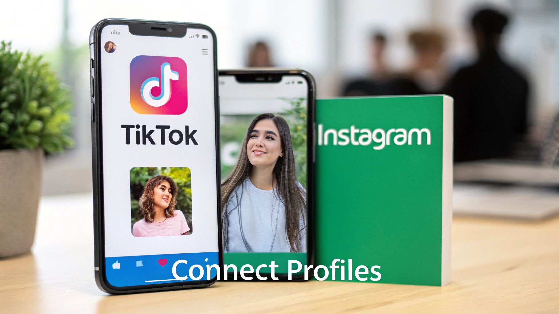 Two smartphones displaying TikTok and another profile, with an Instagram book, symbolizing connecting social media profiles.
