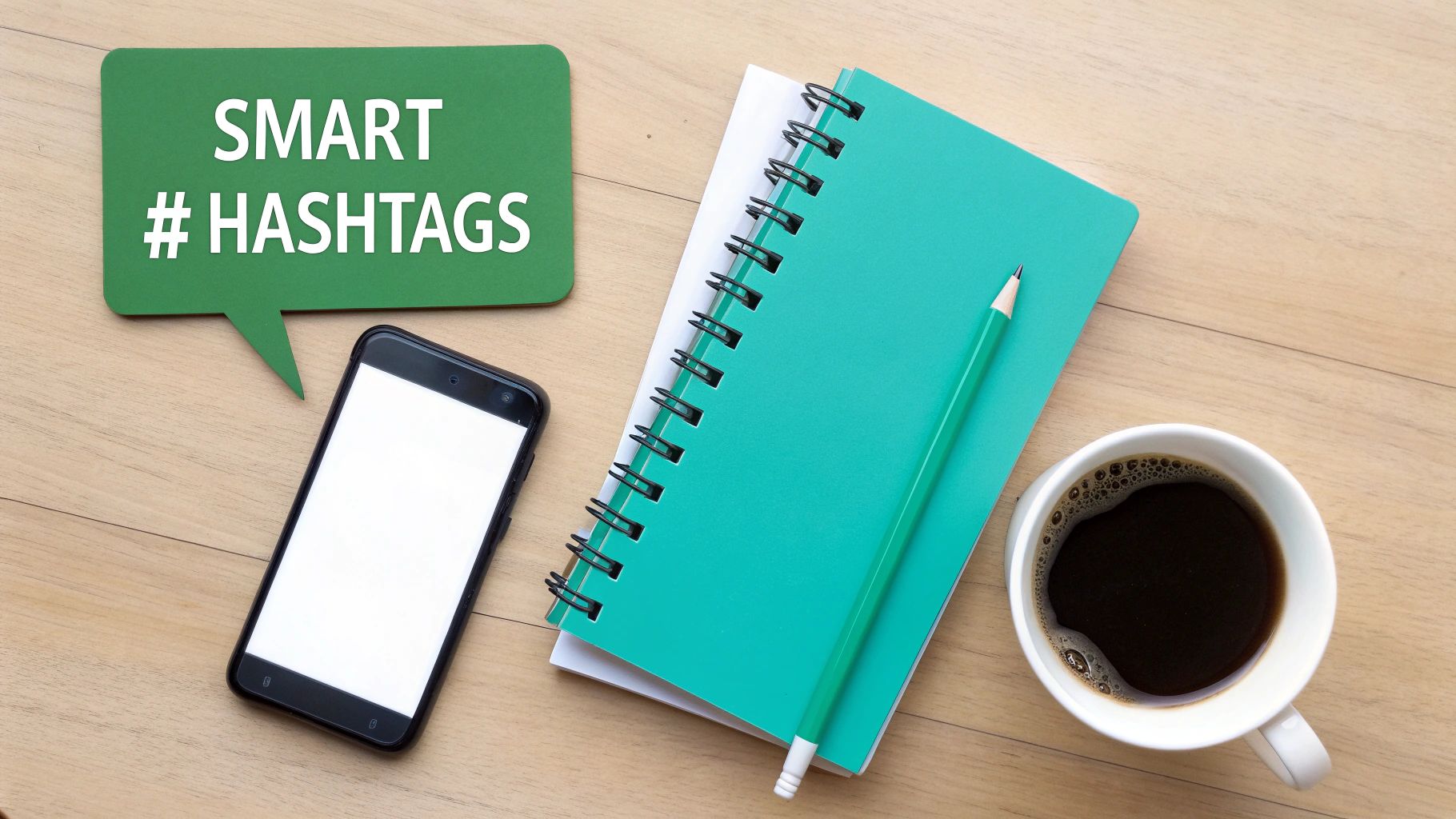 Overhead shot of a wooden desk with a green 'SMART # HASHTAGS' speech bubble, smartphone, notebook, pencil, and coffee.