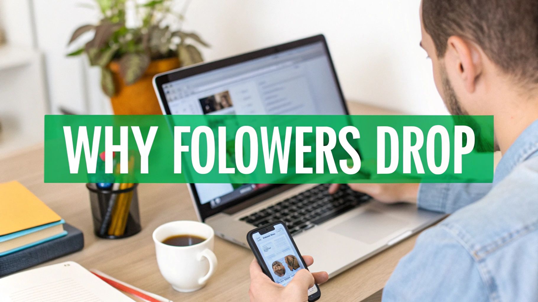 Person using laptop and smartphone at a desk, with text 'WHY FOLOWERS DROP' on a green banner, discussing social media decline.