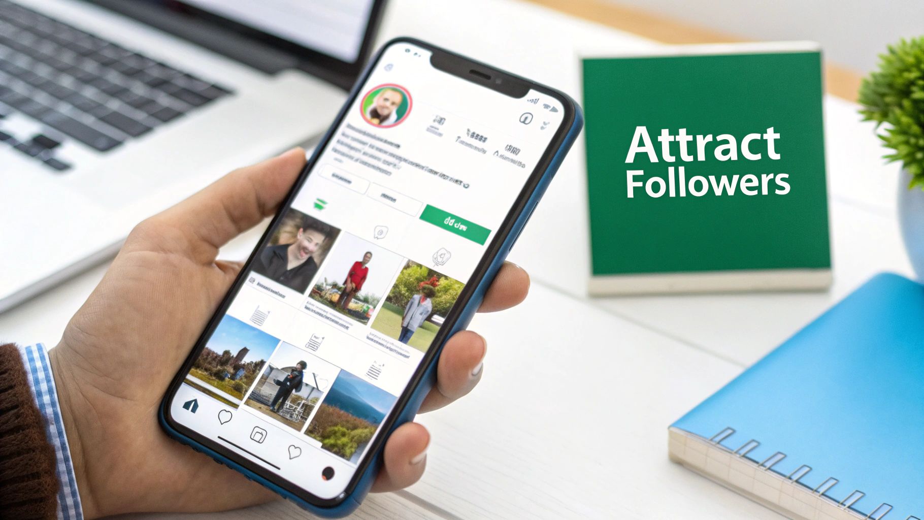 Person holding smartphone displaying Instagram profile grid with attract followers text on green card