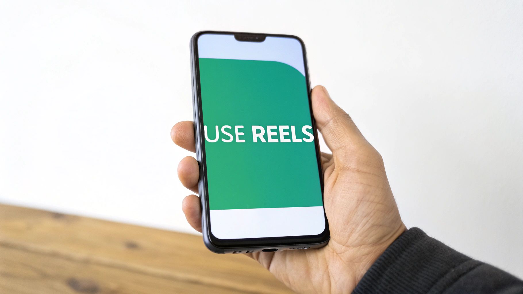 A hand holds a smartphone displaying the text