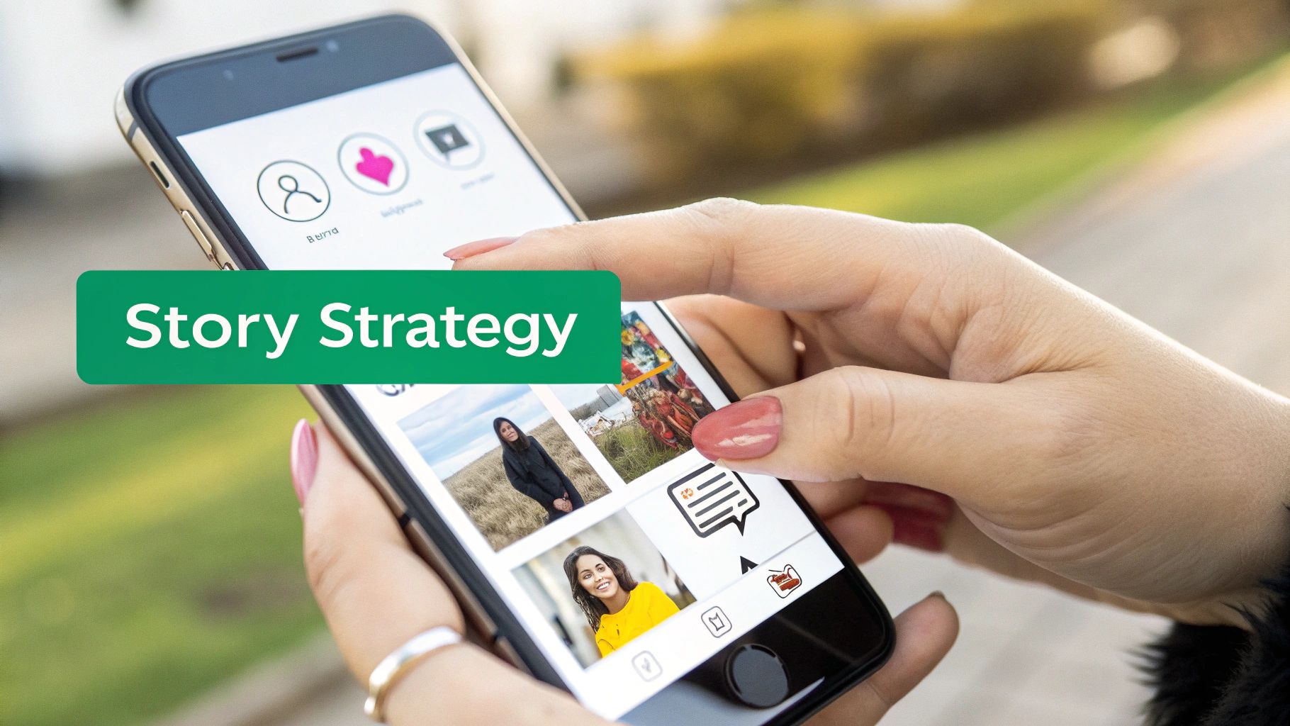 A person's hand holding a smartphone displaying the Instagram app, focused on the Highlights section of a profile.