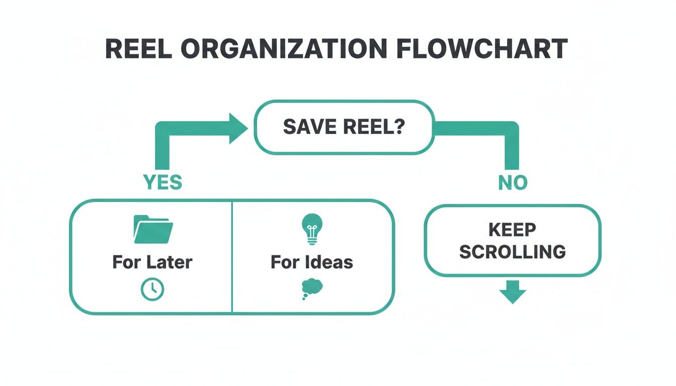 A flowchart for organizing Instagram reels, guiding users to save for later, ideas, or keep scrolling.