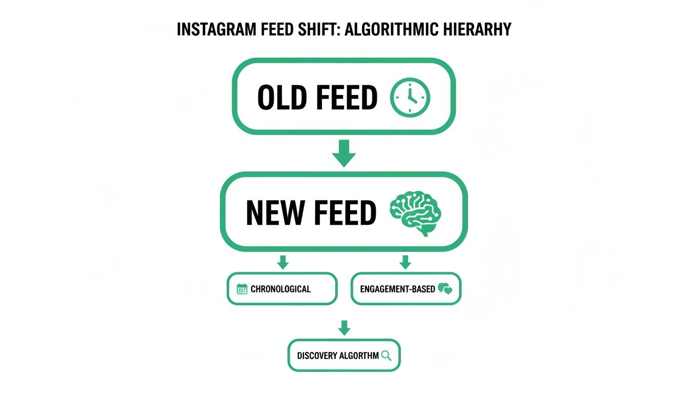 Diagram showing Instagram's feed evolution from old chronological to new algorithmic, engagement-based, and discovery algorithm.