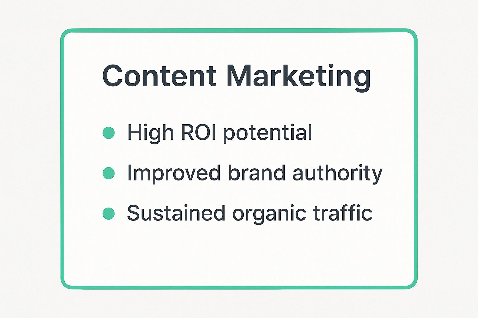 Infographic summarizing the key benefits of content marketing for startups, including high ROI potential, improved brand authority, and sustained organic traffic.