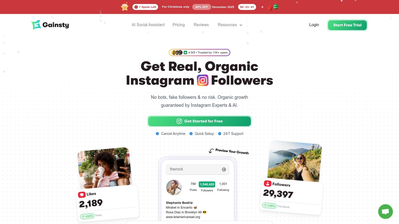 A person using a smartphone to check their Instagram growth analytics on the Gainsty dashboard.