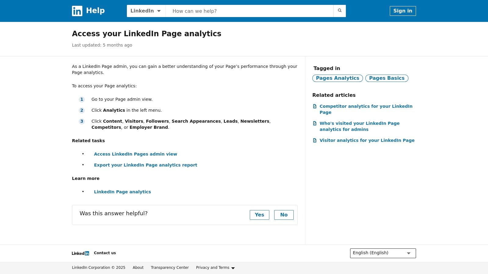 LinkedIn Page Analytics (LinkedIn Help / Admin view)