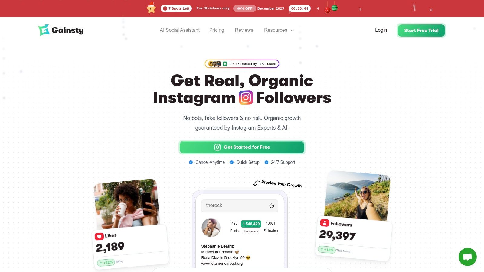Gainsty dashboard showing follower growth analytics and targeting options