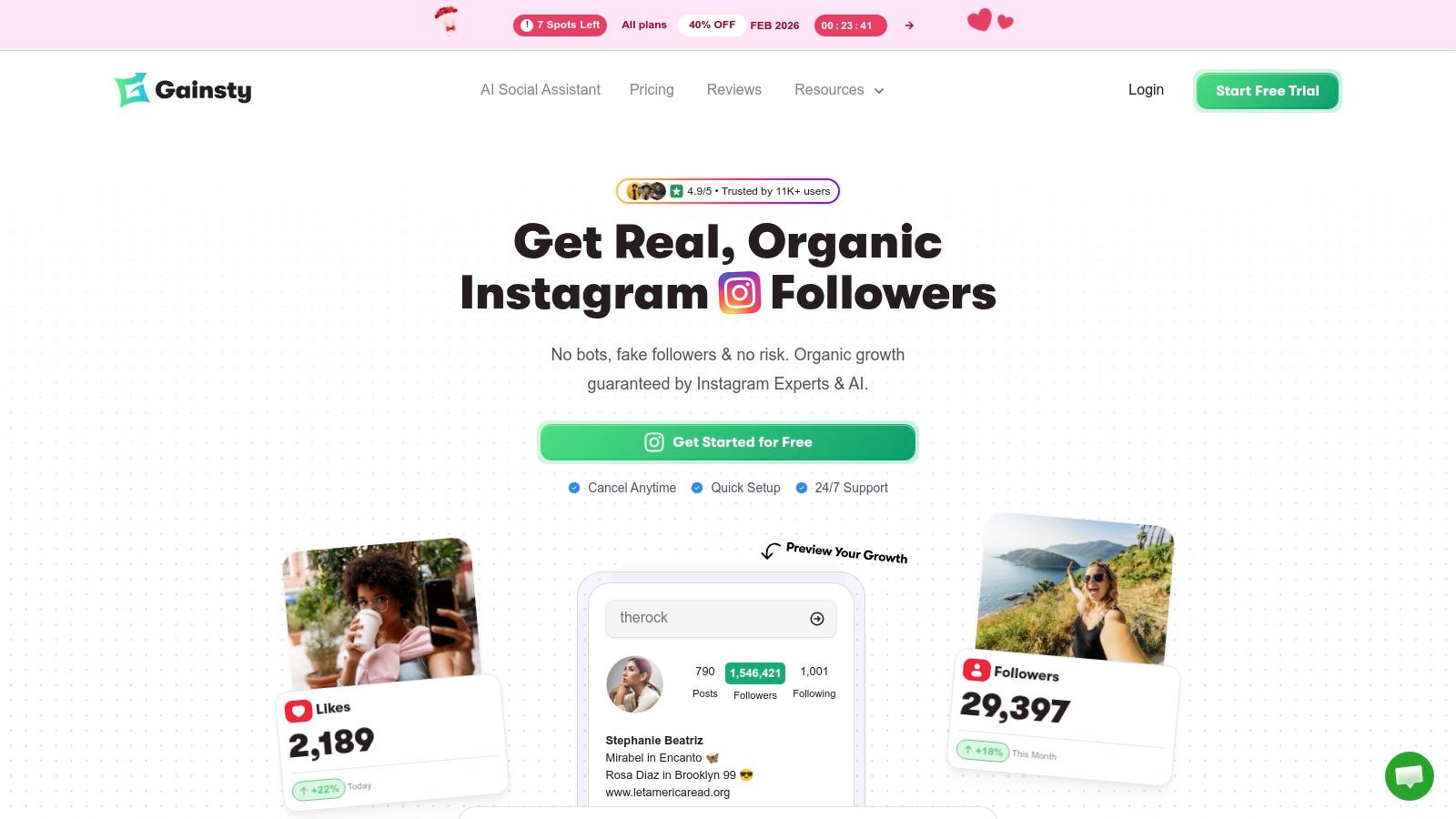 An image showcasing the Gainsty platform, highlighting its features for increasing Instagram followers and engagement.
