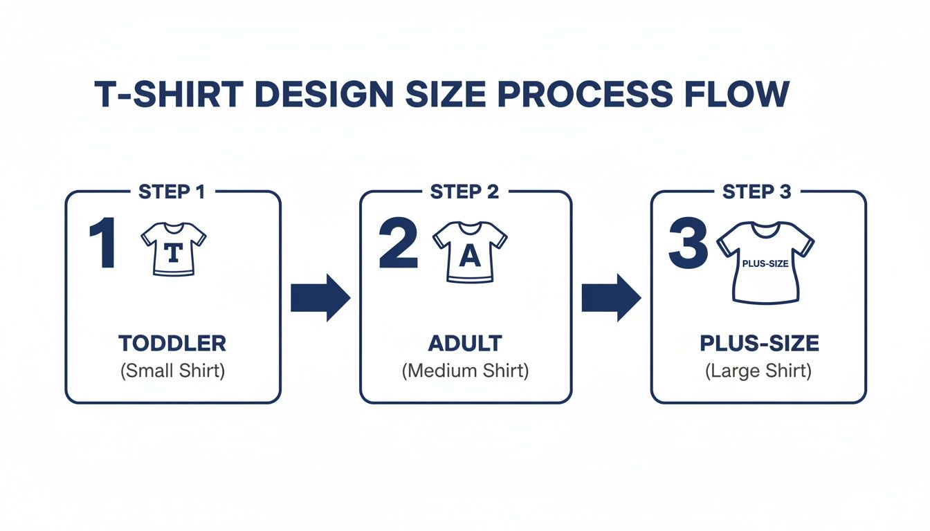 A visual process flow demonstrating T-shirt design sizes for toddler, adult, and plus-size.