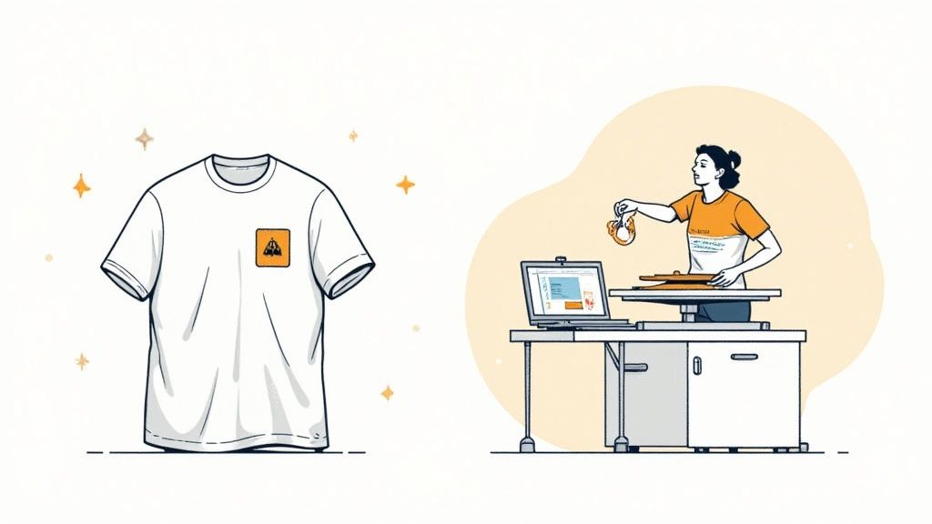 A white t-shirt with an orange logo and a woman applying a design with a heat press machine.