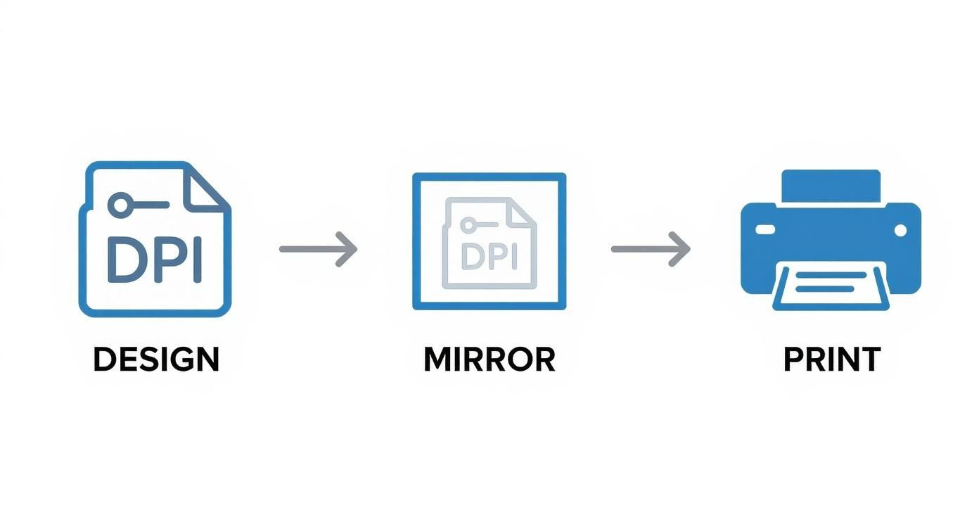 Workflow diagram showing design DPI file, mirror image step, and final print output process