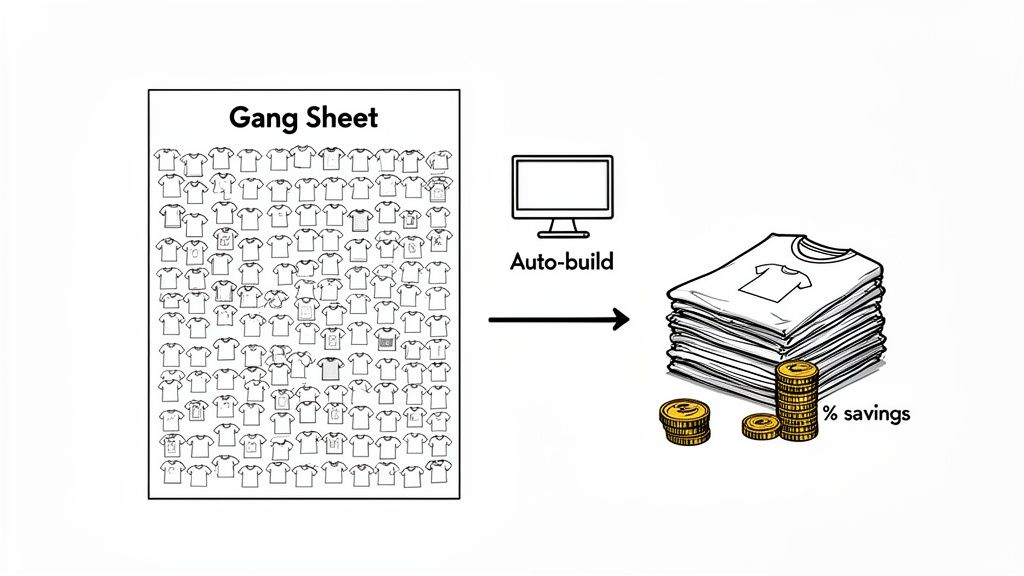 Diagram illustrating t-shirt gang sheet optimization, auto-build process, resulting in stacked shirts and cost savings.