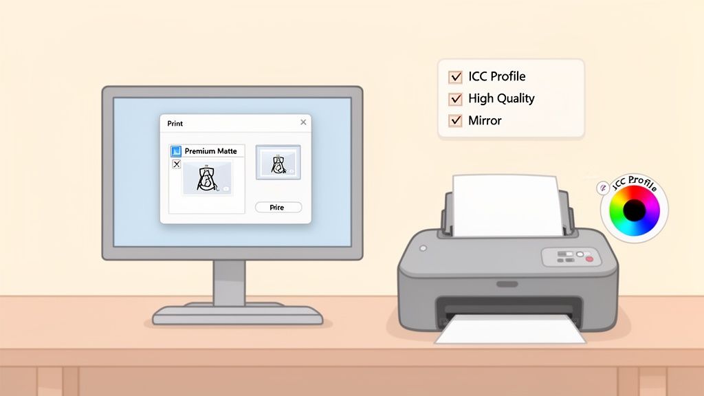 Computer screen displaying print settings for a printer, including ICC profile, high quality, and mirror options.