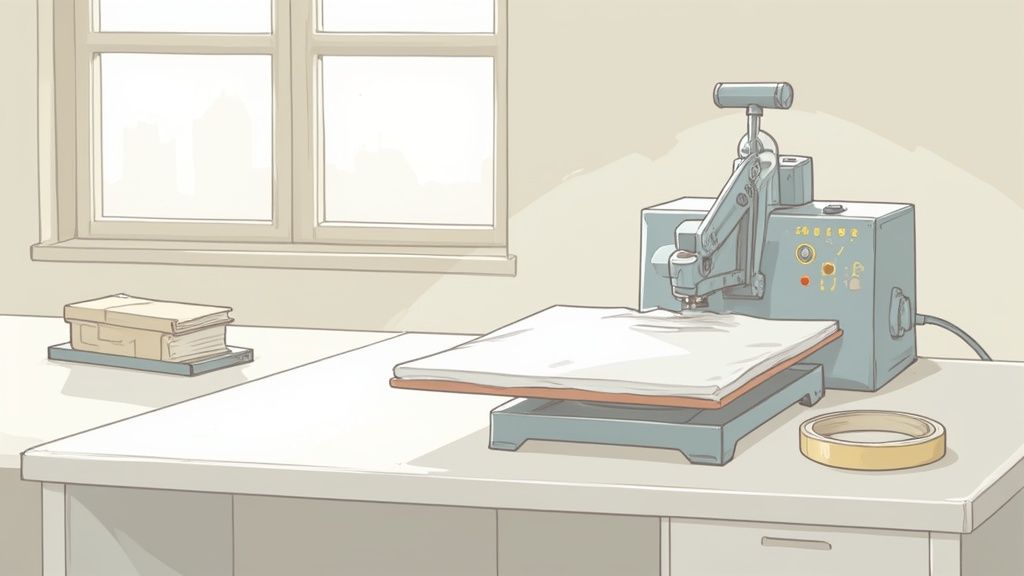A heat press machine with a white fabric on a table, next to books and a window.