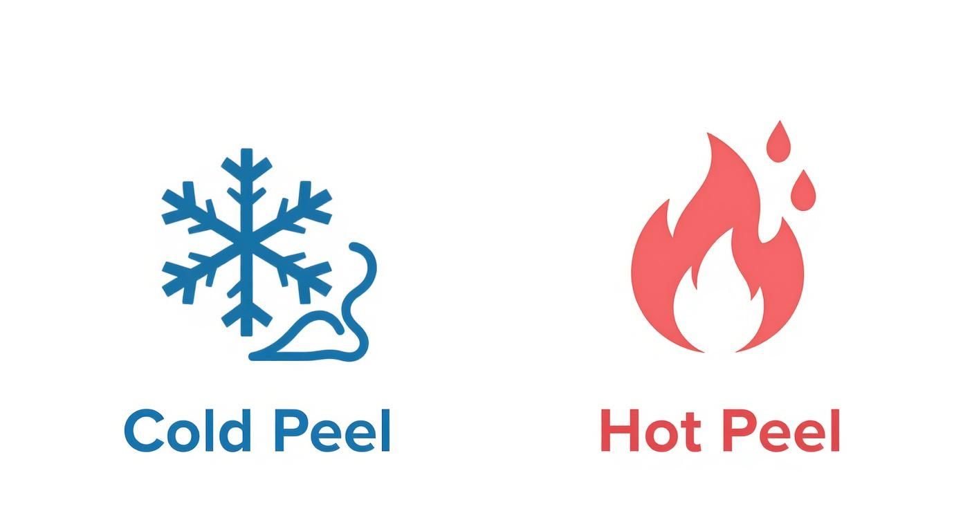 Infographic comparing the cold peel and hot peel DTF processes side-by-side with snowflake and flame icons.