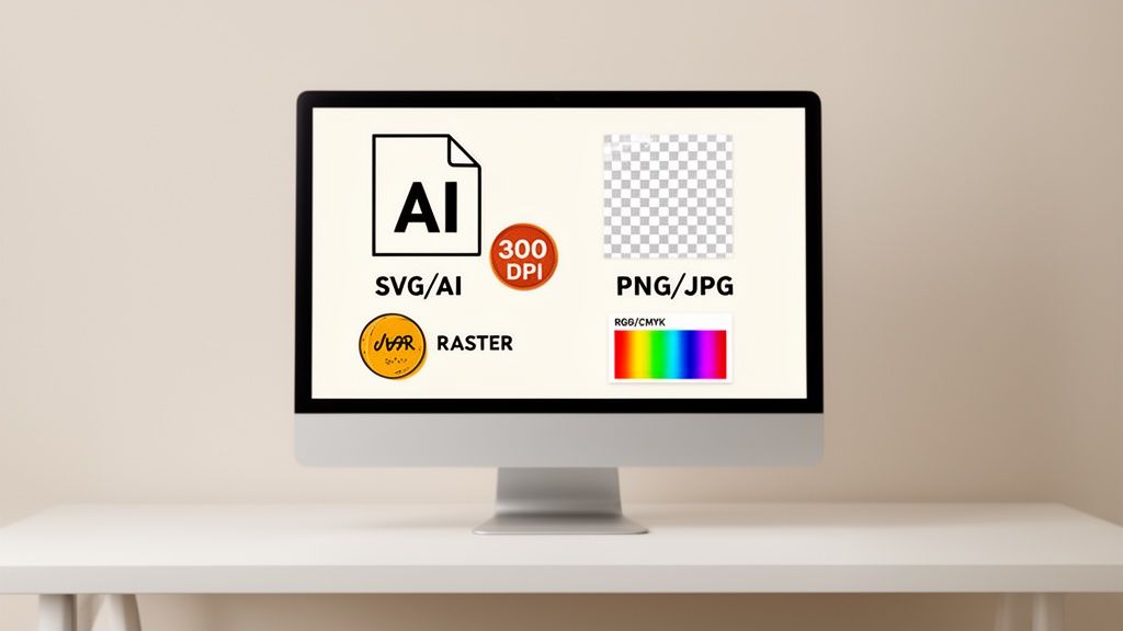 Screen shows vector (SVG/AI) and raster (PNG/JPG) image types, 300 DPI resolution, and RGB/CMYK colors.