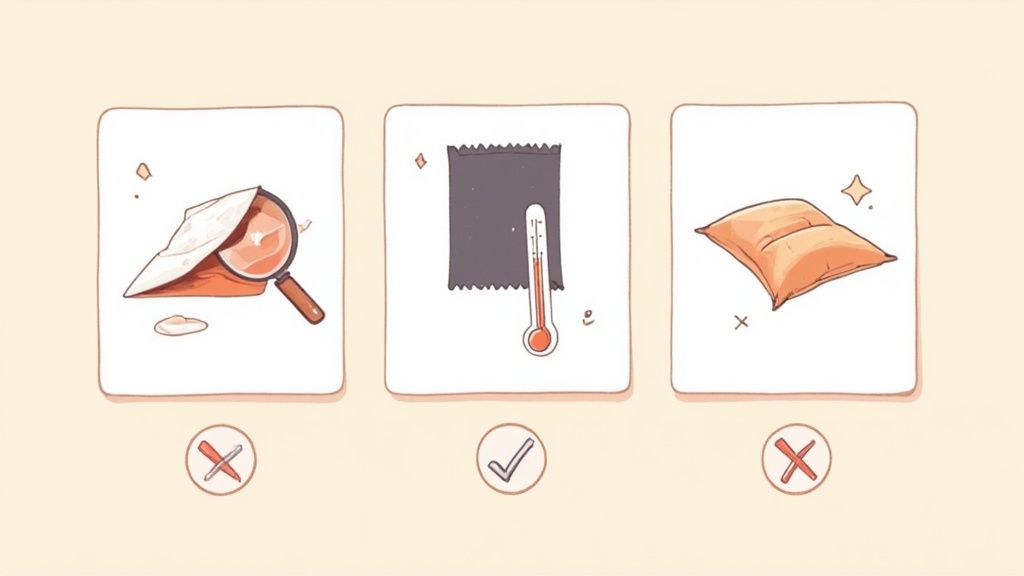 A person inspecting a freshly pressed t-shirt for imperfections under good lighting.