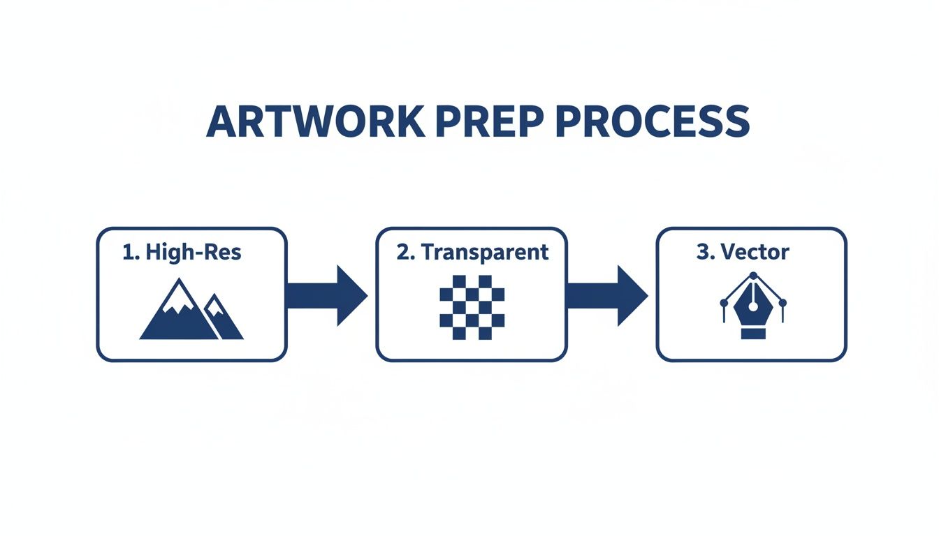 A diagram illustrates a three-step artwork prep process: High-Res, Transparent, and Vector.