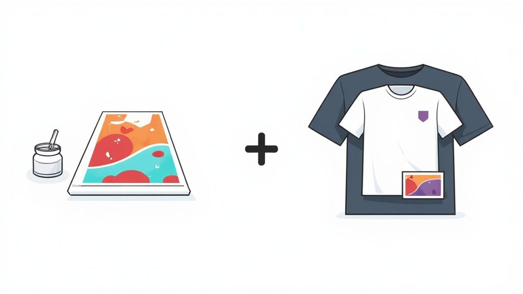 Colorful artwork with paint jar combined with t-shirt showing custom printed design illustration