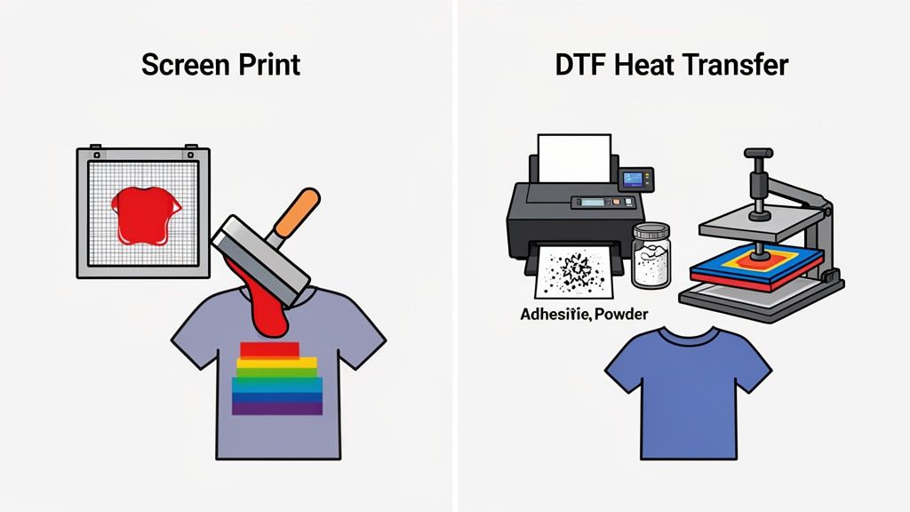 Visual comparison of screen printing and DTF heat transfer processes for custom t-shirt design.