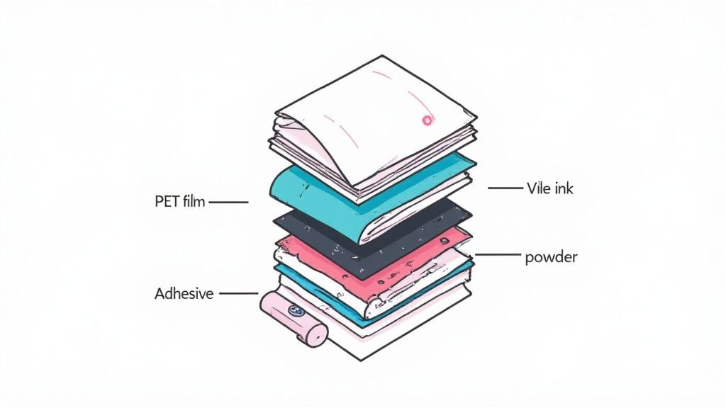 Exploded view diagram of layered material, showing PET film, Vile ink, powder, and adhesive.