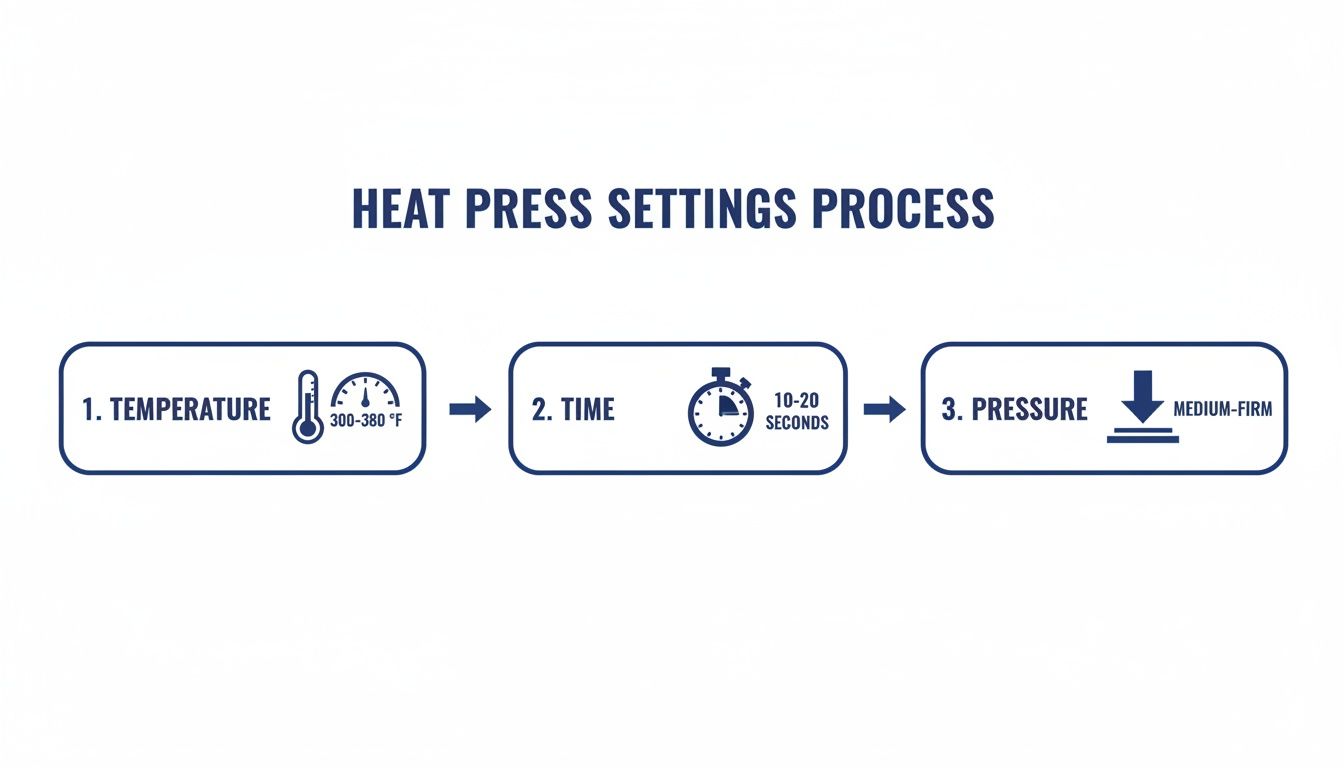 A diagram illustrating the heat press settings process with temperature, time, and pressure.