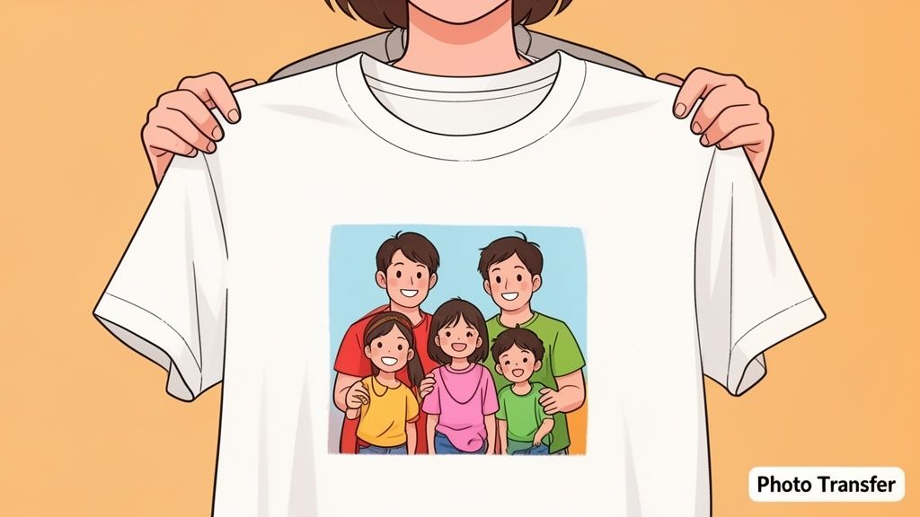A cartoon person holds a white t-shirt featuring a cheerful family portrait of two men and three children.