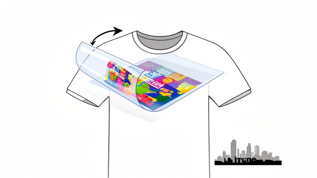 Illustration of a colorful graphic being applied to a white t-shirt with a clear transfer film, showing the DTF process.