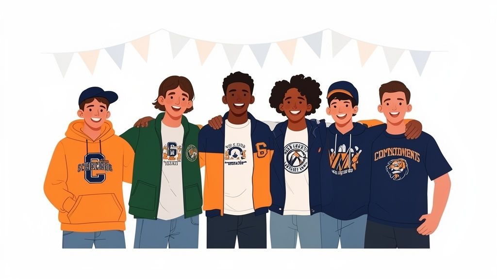 Six diverse young men smiling, wearing school spirit hoodies and jackets, celebrating friendship under banners.
