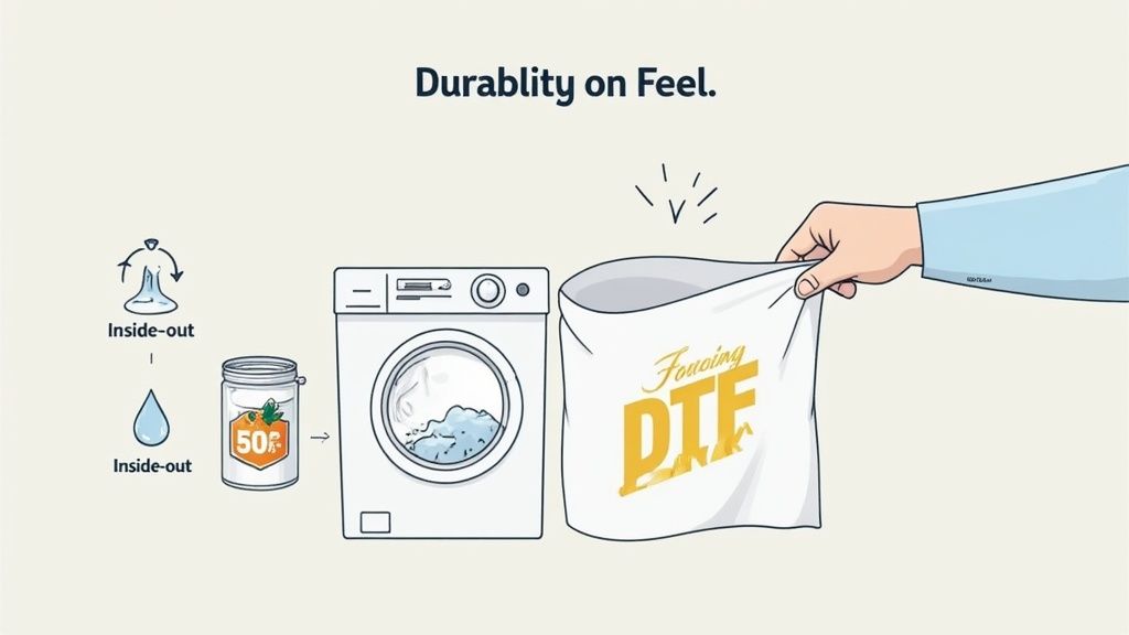 Illustration showing a DTF printed shirt being washed inside-out, demonstrating its durability.