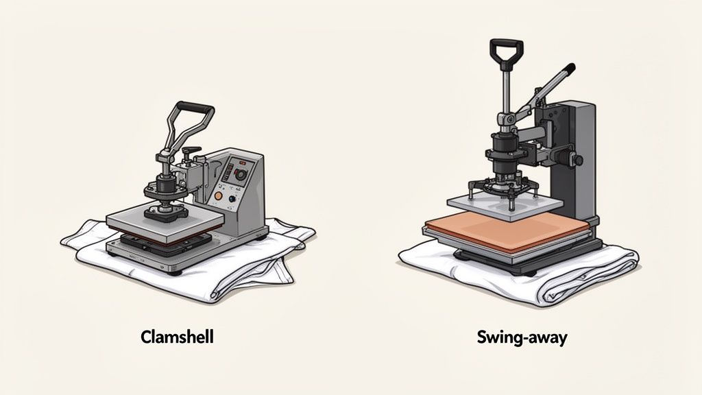Illustration comparing clamshell and swing-away heat press machines for shirt printing applications.