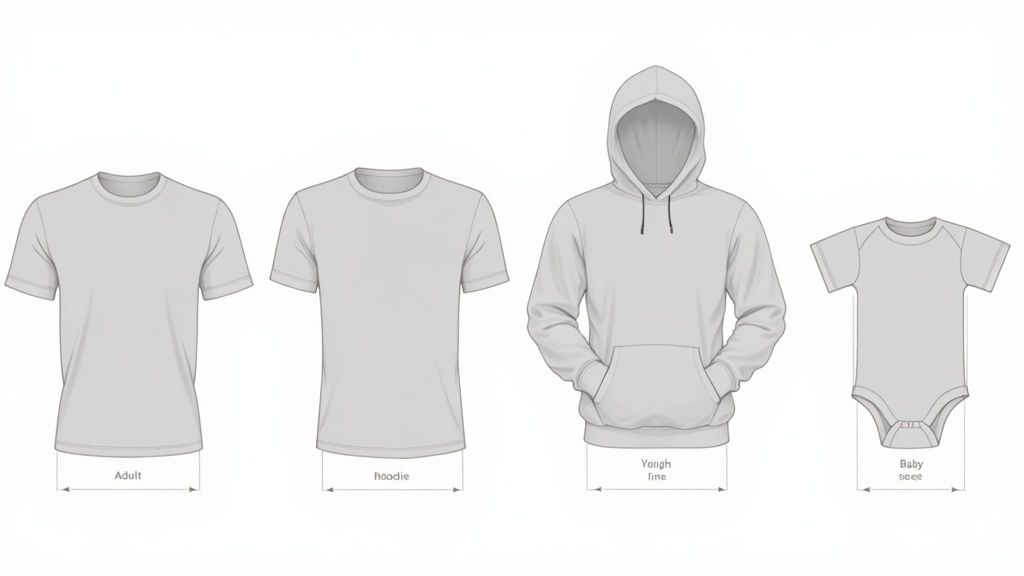 Collection of blank clothing items: adult t-shirt, second t-shirt, hoodie, and baby onesie, illustrating garment types.