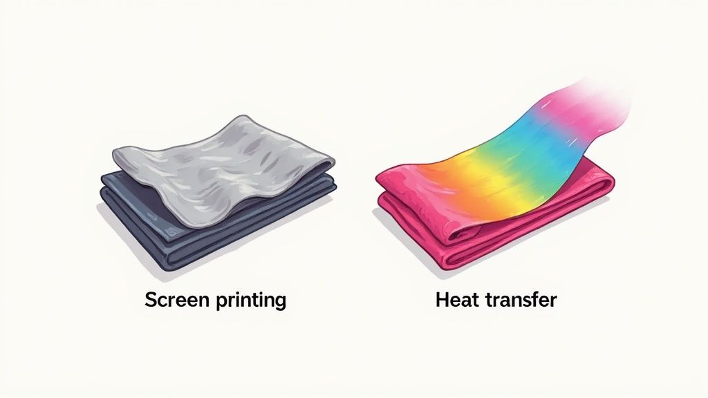Illustration comparing screen printing and heat transfer methods on textiles, showing distinct fabric applications.