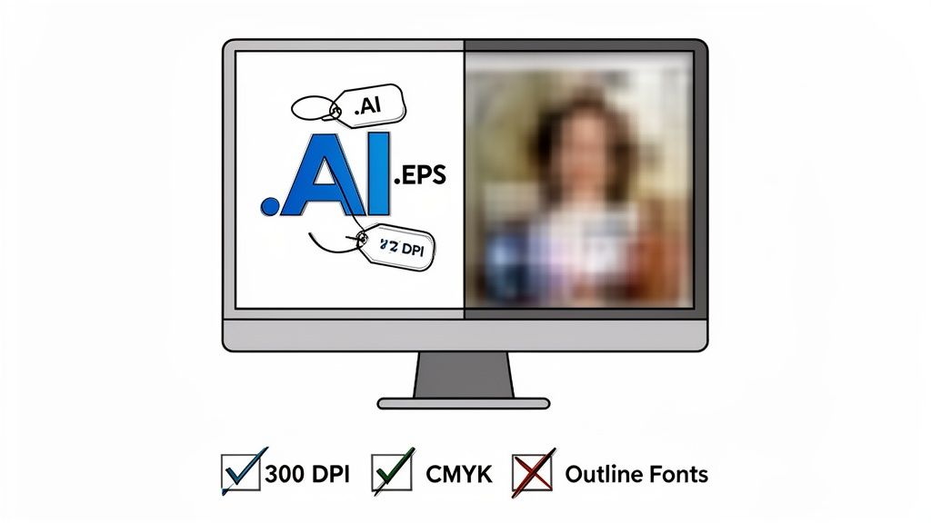 A computer monitor illustrates vector file types, low resolution, and optimal printing settings like 300 DPI and CMYK.