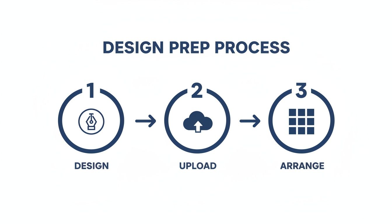 A three-step infographic illustrating the Design Prep Process: Design, Upload, and Arrange.