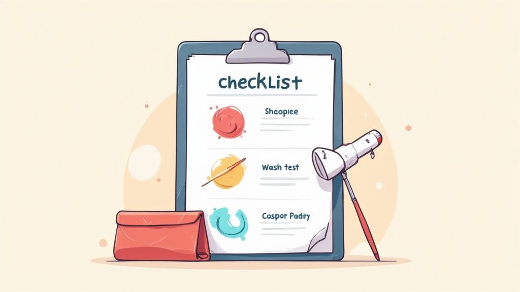A whimsical checklist on a clipboard, showing three items, a red pouch, and a small telescope.
