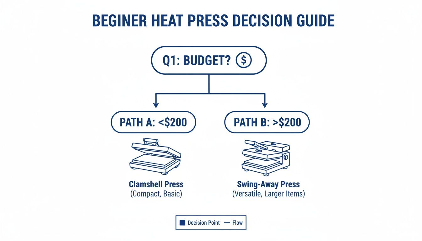 A beginner heat press decision guide flowchart, recommending clamshell or swing-away presses based on budget.