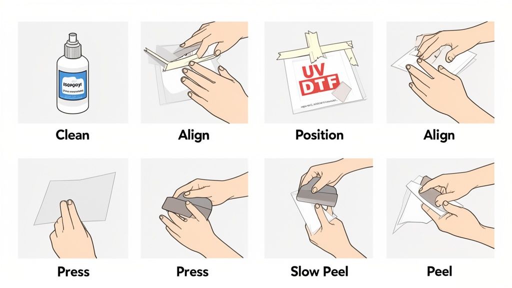 A step-by-step guide showing the process of applying a UV DTF transfer, including cleaning, aligning, pressing, and peeling.