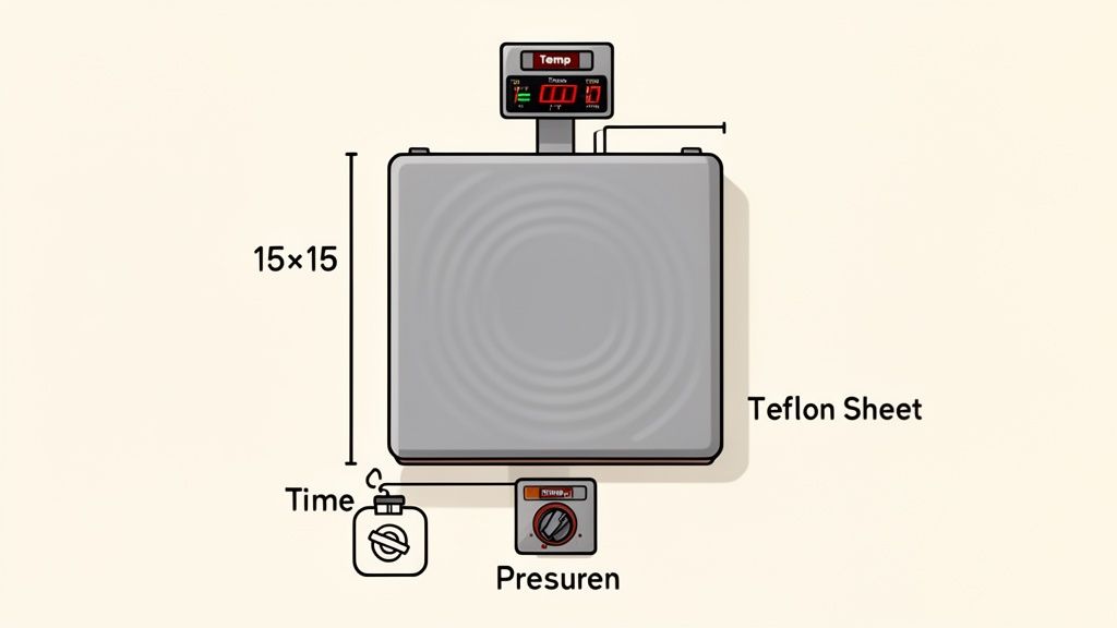 Diagram of a heat press machine showing controls for temperature, pressure, time, and its 15x15 Teflon sheet.