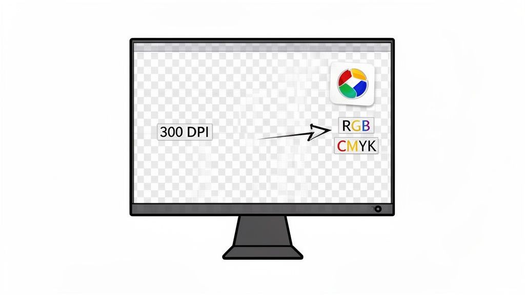 A computer monitor displays '300 DPI' text and an arrow pointing to 'RGB' and 'CMYK' color modes.