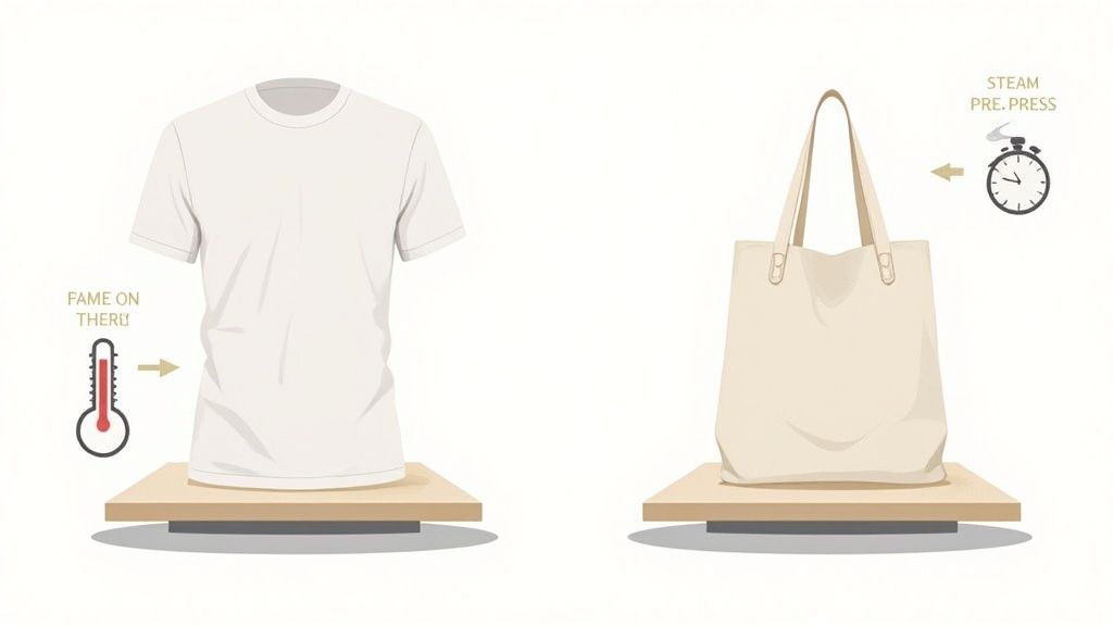 A person using a heat press on a white cotton t-shirt with a colorful design