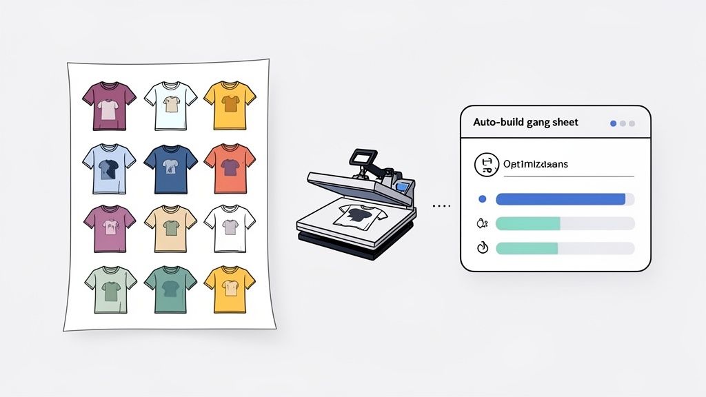 Illustration showing a gang sheet of t-shirt designs, a heat press, and an 'Auto-build gang sheet' optimization interface.