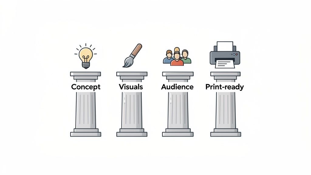 Four pillars illustrating the key stages of design: concept, visuals, audience, and print-ready.