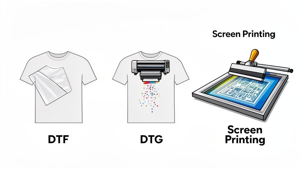 Illustrates and compares three t-shirt printing methods: DTF, DTG, and traditional screen printing.