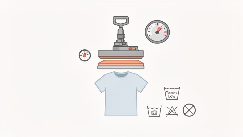 Illustration showing a heat press machine applying design to a t-shirt, with temperature, timer, and laundry care symbols.