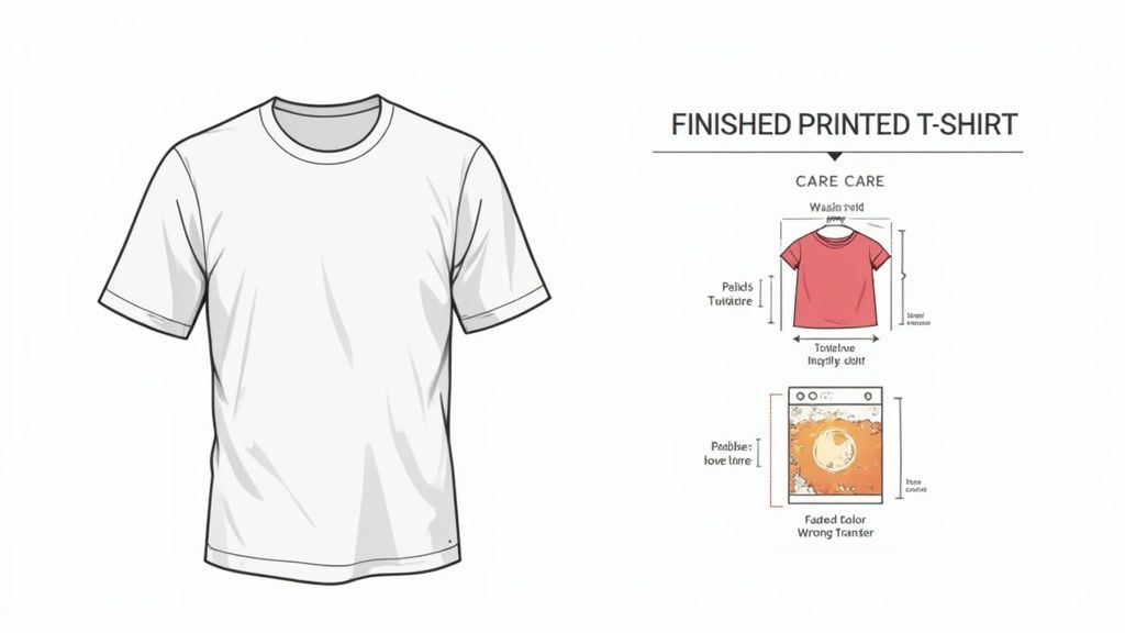 Diagram showing a blank white t-shirt, alongside care instructions and potential issues for finished printed t-shirts.